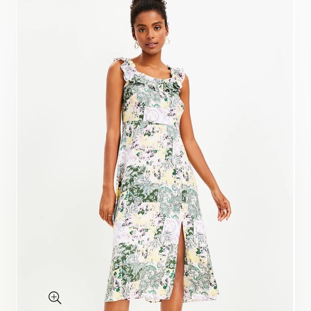 *NWT* LOFT Women’s 12 Ruffle Square Neck Sleeveless Floral Patchwork Midi Dress